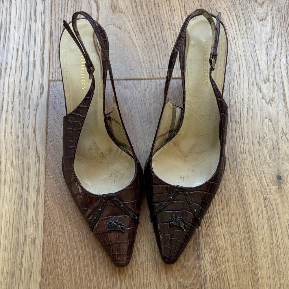 Vintage Burberry Slingback Croc Leather Kitten Heels 36.5/ 6-6.5